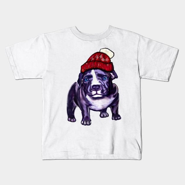 pit bull dog puppy in a red beanie hat - cute blue line pittie with piercing blue eyes Kids T-Shirt by Artonmytee